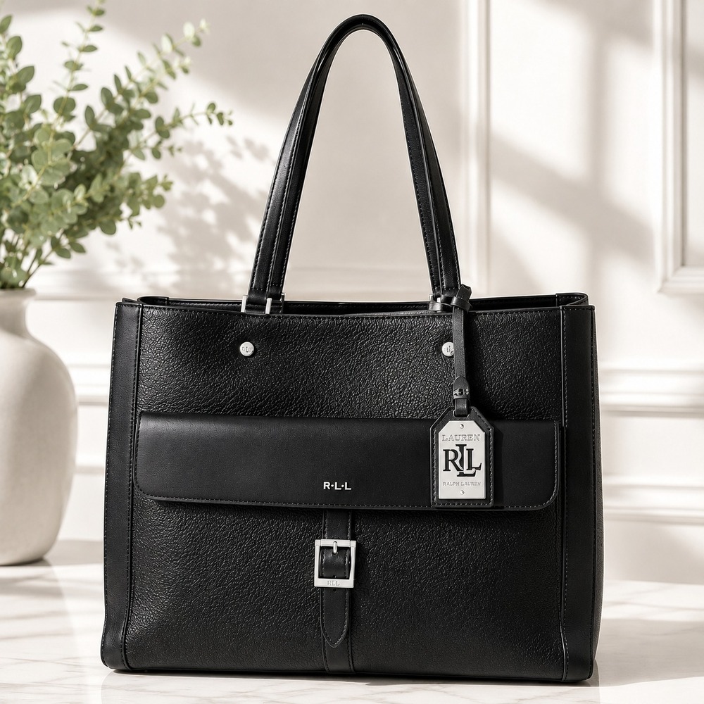Lauren Ralph Lauren Black Leather Tote Bag RL Hangtag Pebbled Shoulder Handbag‎